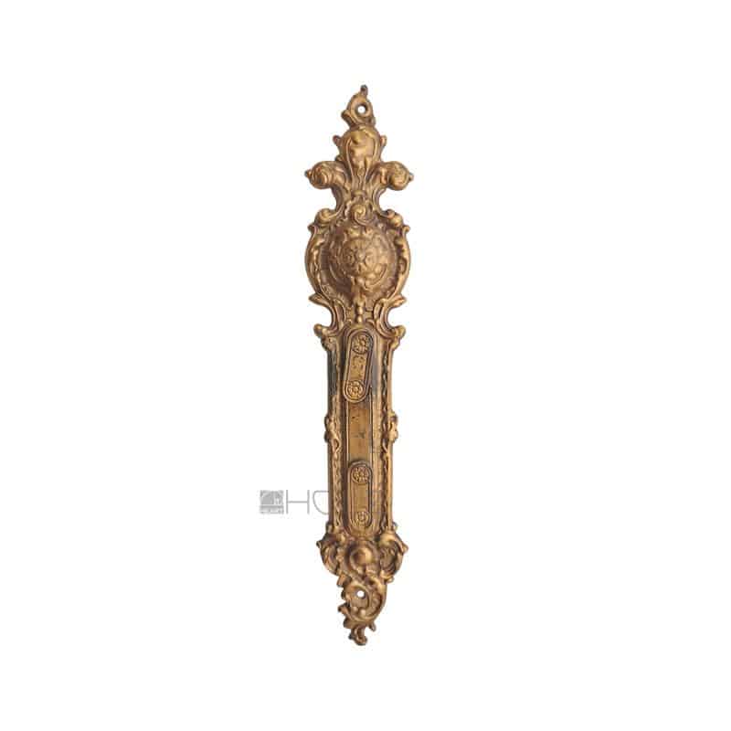 Antik Langschild aus der Gründerzeit Abmessung : ca. 323 x 60 mm Material : Messing Mitte ca. Drückerhöhe bis Mitte Einstich Schlüsselloch : ca. 58 / 128 mm