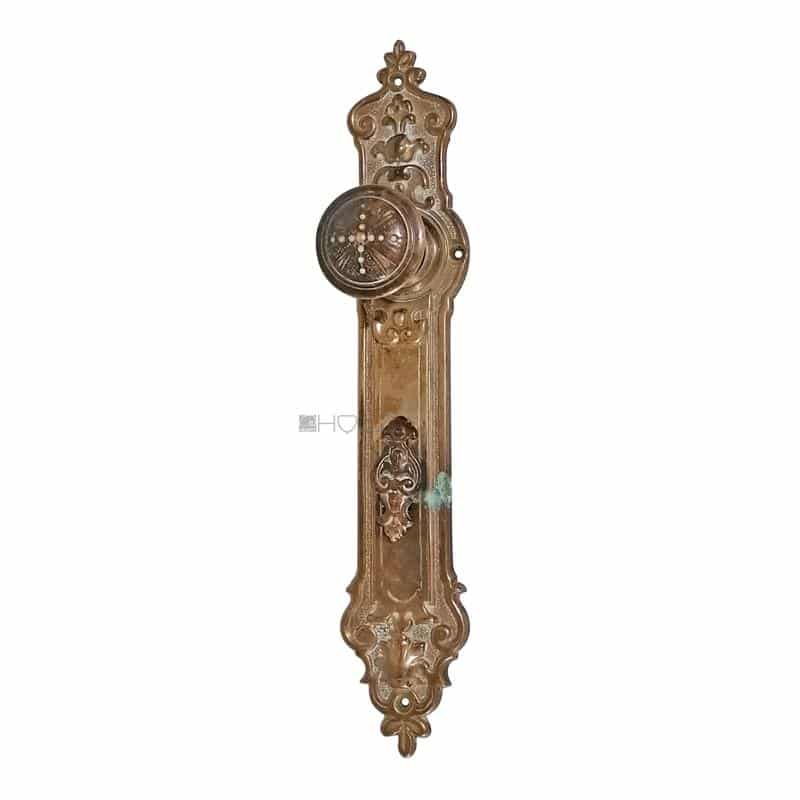 Jugendstil Türknauf Langschild alt Messing Ziehgriff 78mm
