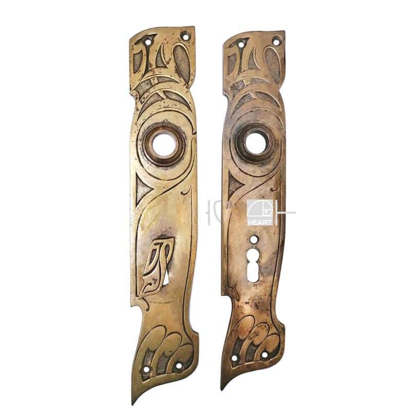 Langschilder antik Jugendstil Messing alt Türdrücker 16.4mm 80