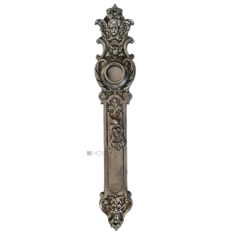 Langschild antik alt Engel Teufel Eisen Türdrücker 19.5mm 68