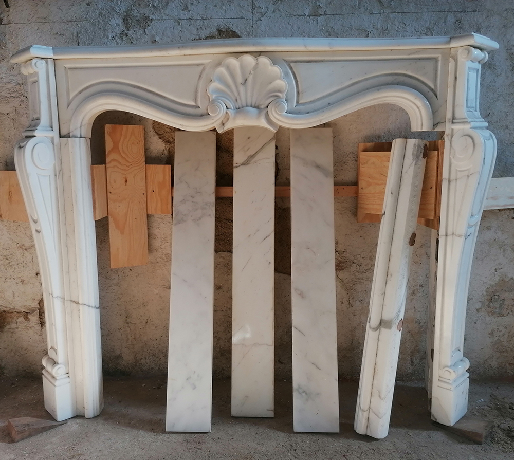Kamin Marmor alt Muschel antik Umrandung weiß 115x142