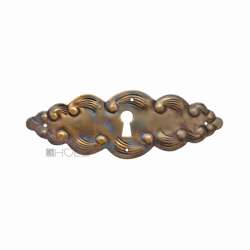 Messing Möbel Beschlag Schlüsselschild antik Volute 130 mm