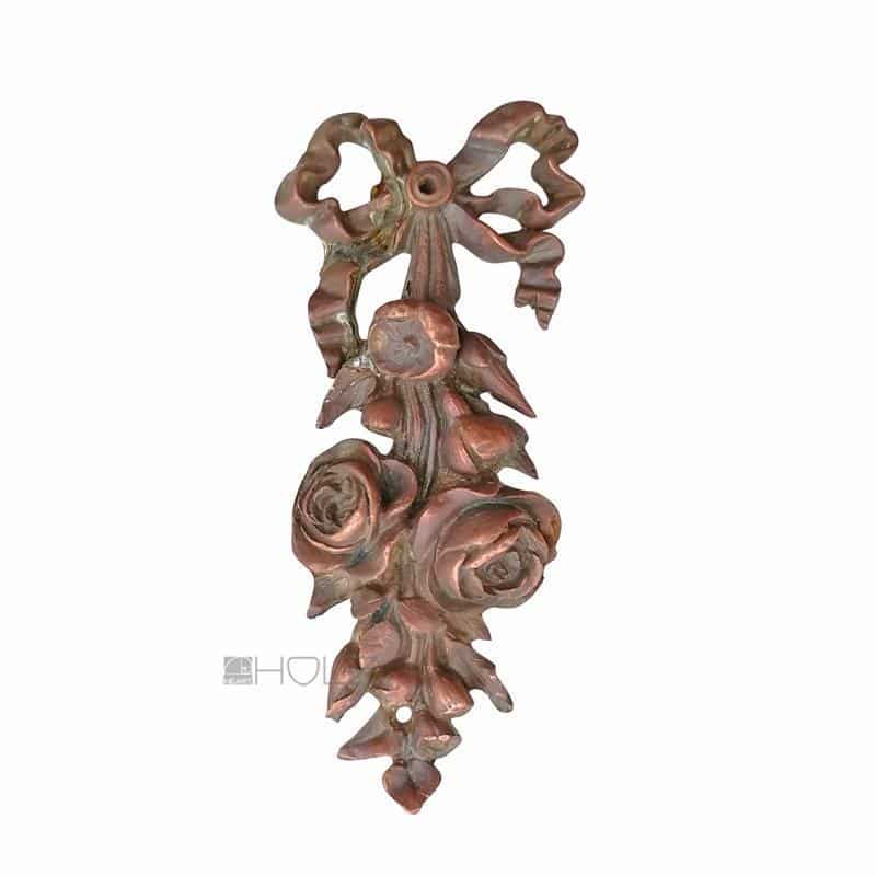 Bronze Möbel Beschlag alt Schleife Rosen verkupfert antik 8.4 cm