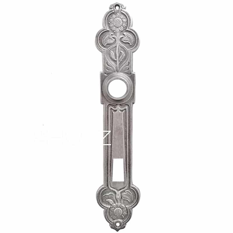 Langschild Jugendstil alt floral Türdrücker Eisen Sonnenblume vernickelt 19.2mm 78